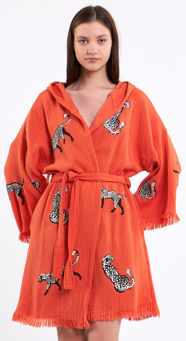 100% Organic cotton Kimono robe-Orange with leopard print