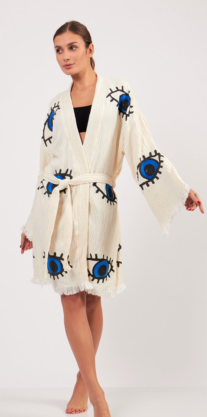 Evil Eye 100% organic cotton short Kimono robe