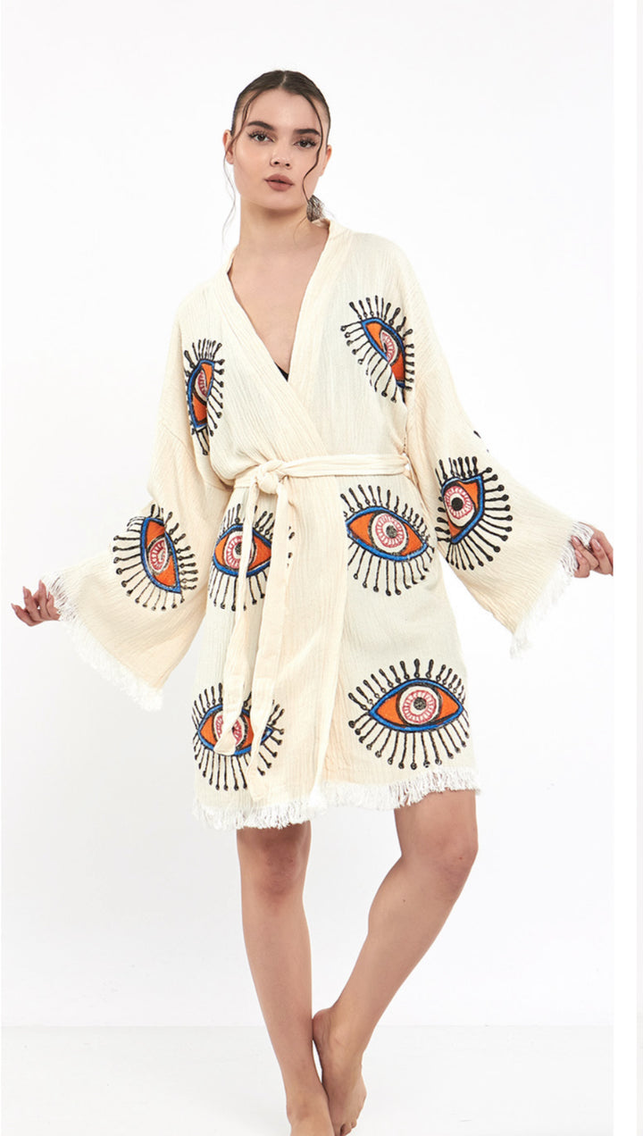 Evil Eye 100% organic cotton short Kimono robe