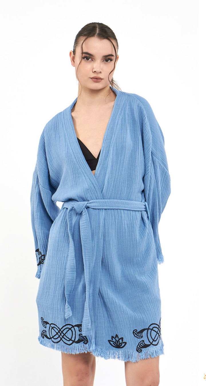 Sky blue 100% organic cotton Boho Styled, Evil Eye motif Short Kimono robe