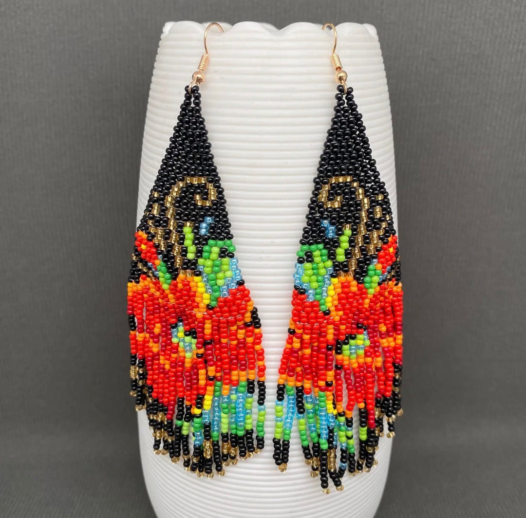 Flower Patterned Seed Bead Fringe Dangle Earrings