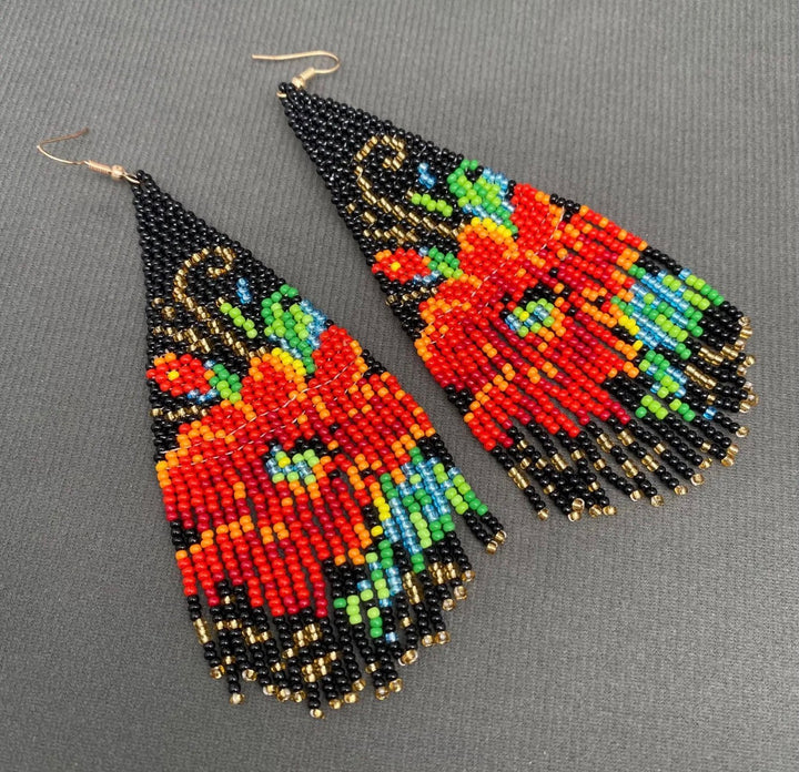 Flower Patterned Seed Bead Fringe Dangle Earrings