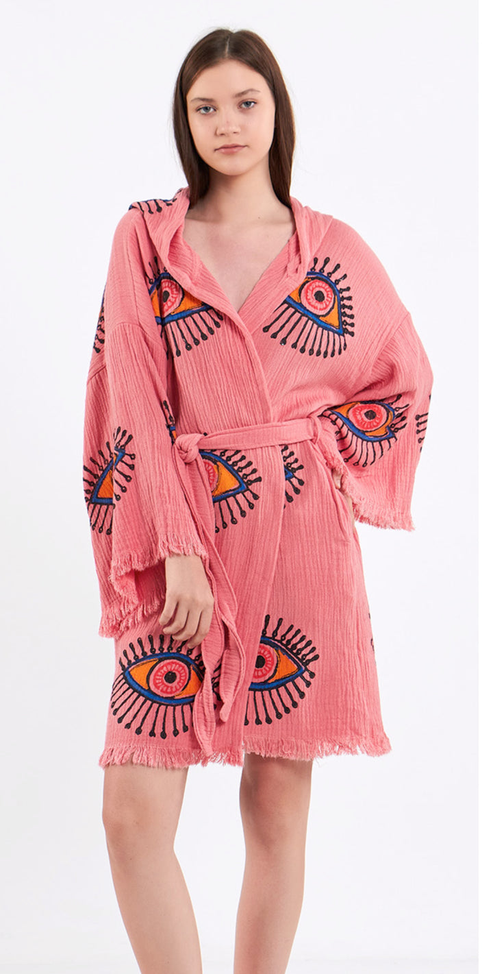 Evil Eye 100% organic cotton short Kimono robe-coral