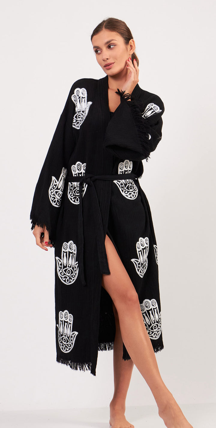 Black and white Hamsa 100% organic cotton Kimono robe