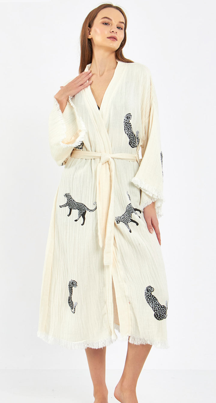 Hand stamped 100% organic cotton Kimono robe-Leopard motif on ecru cotton.