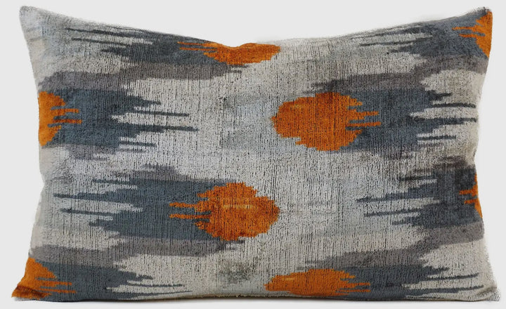 Graphic 100% Silk Ikat velvet Lumbar pillow 16"x24"