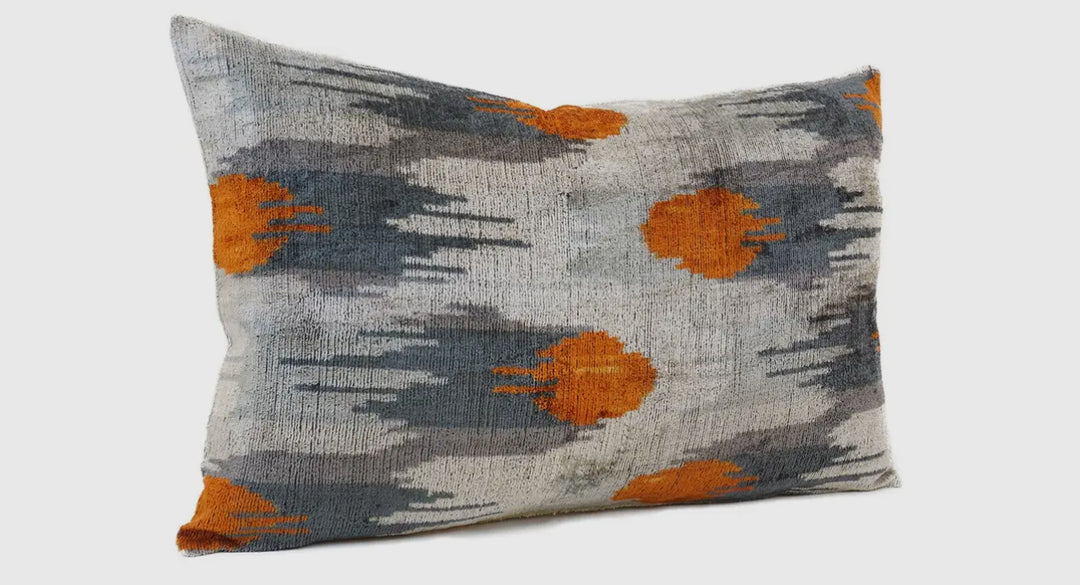 Graphic 100% Silk Ikat velvet Lumbar pillow 16"x24"