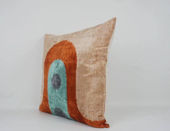 Graphic 100% Silk Velvet Ikat Throw Pillow-Rust//turquoise/tan 20"x20"