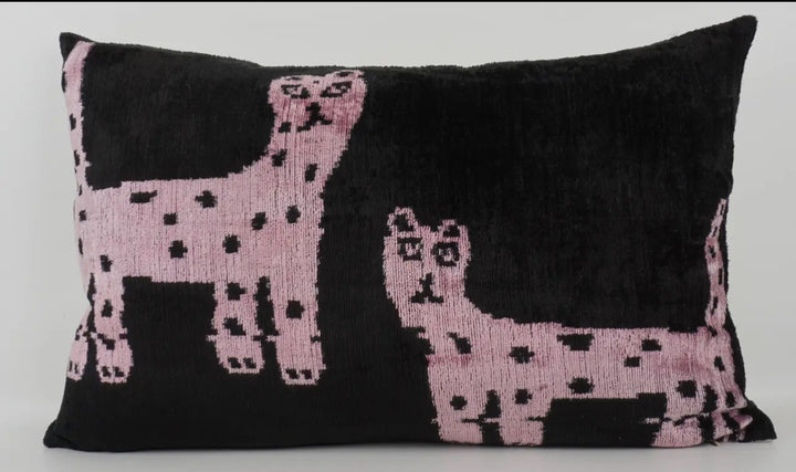 100% Silk Velvet Ikat Limited Edition Cat Pillow 16"x24"-Black and pink