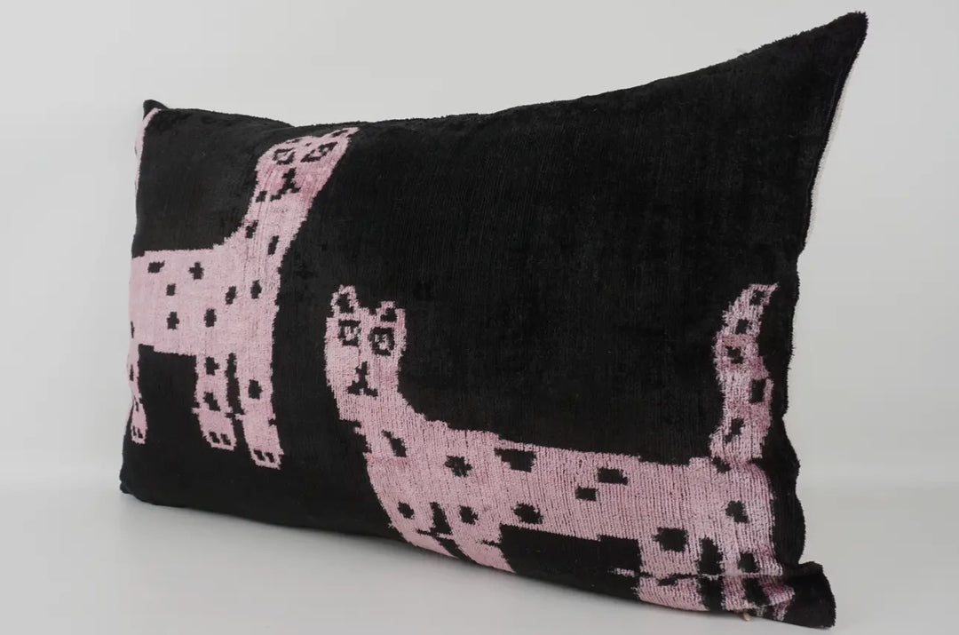 100% Silk Velvet Ikat Limited Edition Cat Pillow 16"x24"-Black and pink