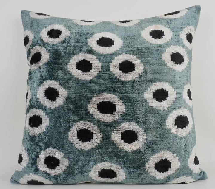 Graphic and modern 100% silk velvet Ikat throw pillow 20"x20"-Mist