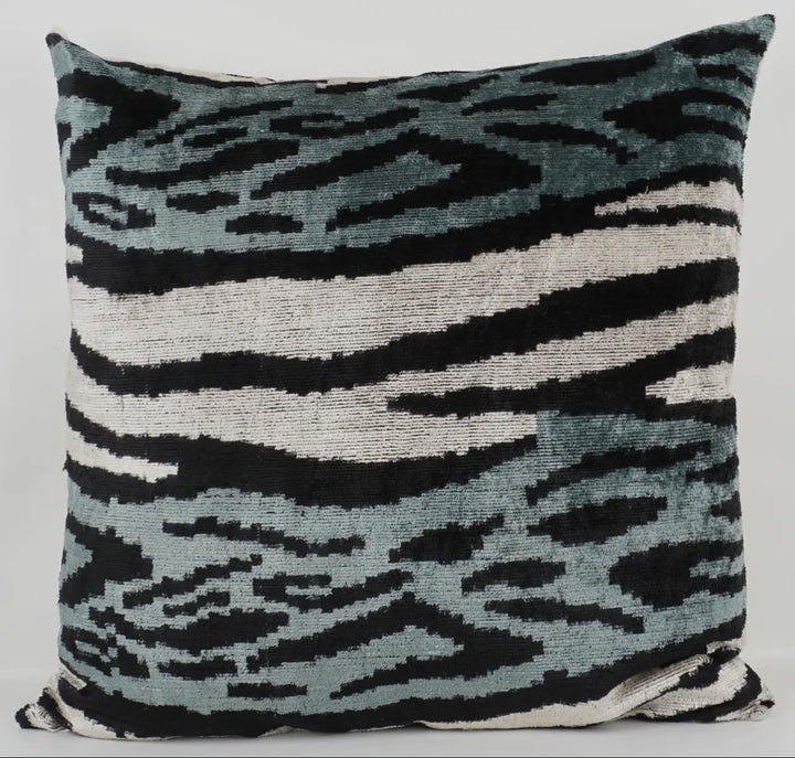 Zebra patterned 100% silk velvet Ikat throw pillow-mist/black