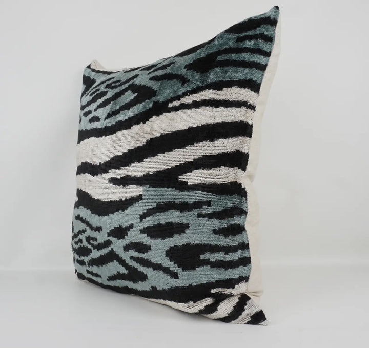 Zebra patterned 100% silk velvet Ikat throw pillow-mist/black