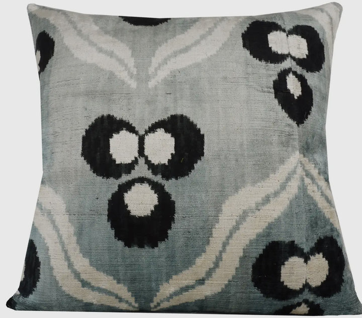 Graphic 100% Silk velvet Ikat throw pillow-Mist/black/cream