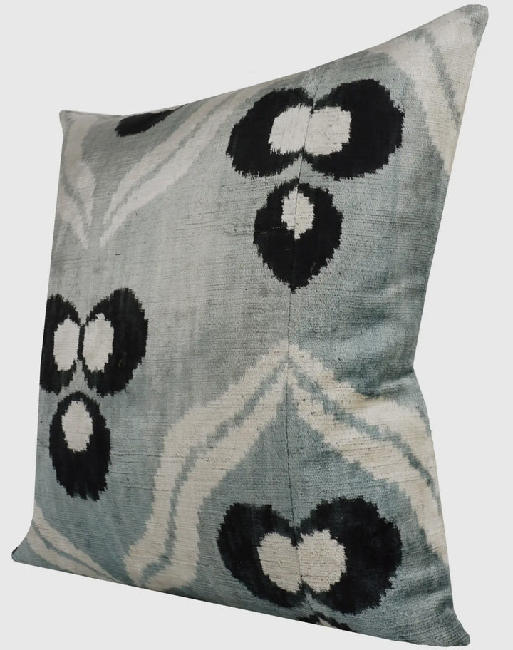 Graphic 100% Silk velvet Ikat throw pillow-Mist/black/cream