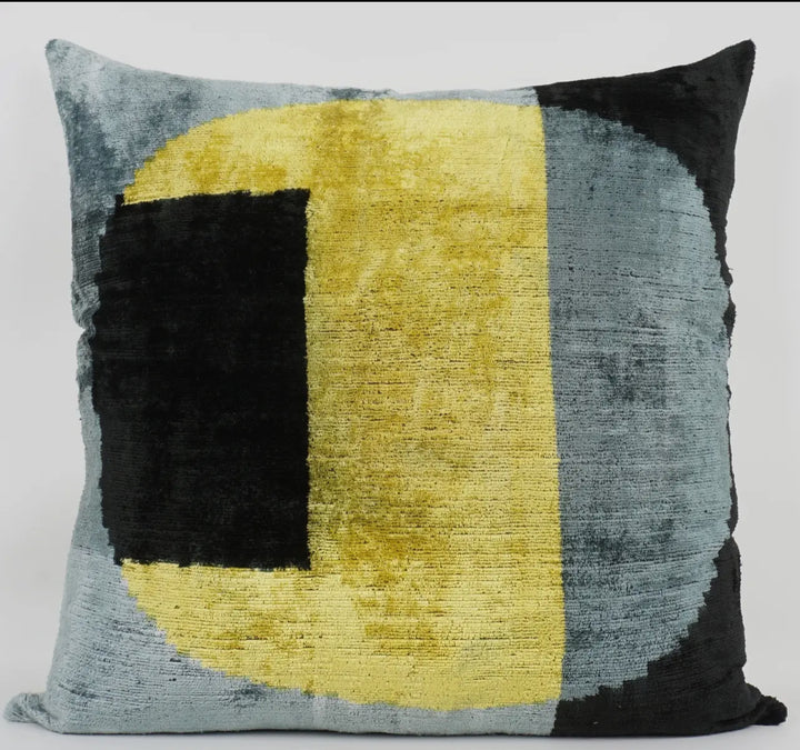 Graphic and modern 100% silk velvet Ikat throw pillow 24"x24"-Mist, black, lemon