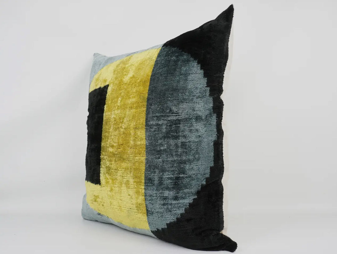 Graphic and modern 100% silk velvet Ikat throw pillow 24"x24"-Mist, black, lemon