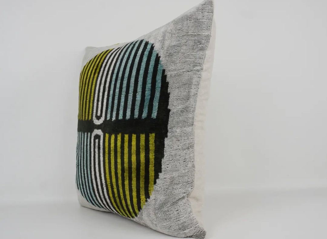 Graphic and Modern 100% silk velvet Ikat throw pillow-Mist, black, silver, olive