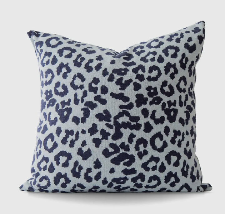 Leopard patterned 100% cotton knit throw pillow: 20"x 20" Navy blue/mist blue