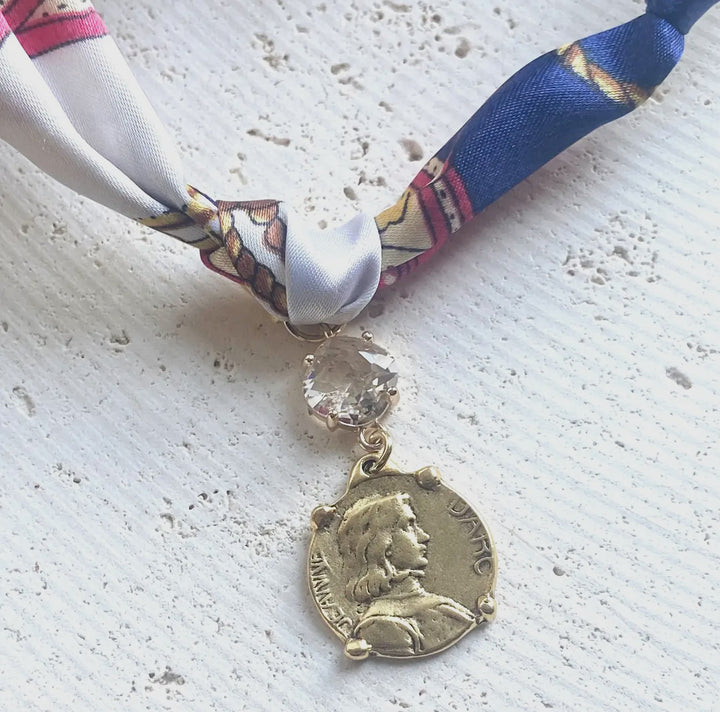 Scarf Necklace-White and Blue with Joan of Arc Gold Coin