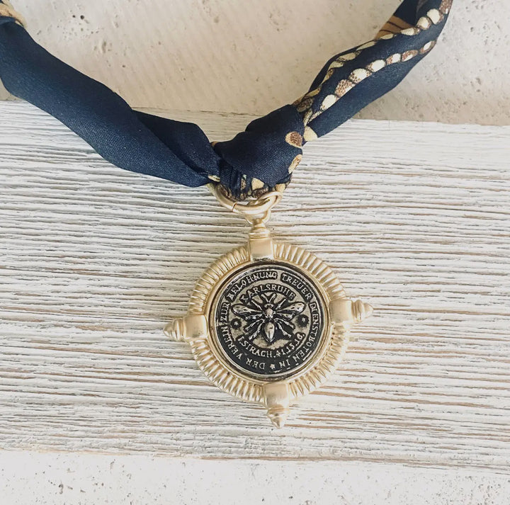 Scarf Necklace-Black with Matte Gold Bee bezel silver coin