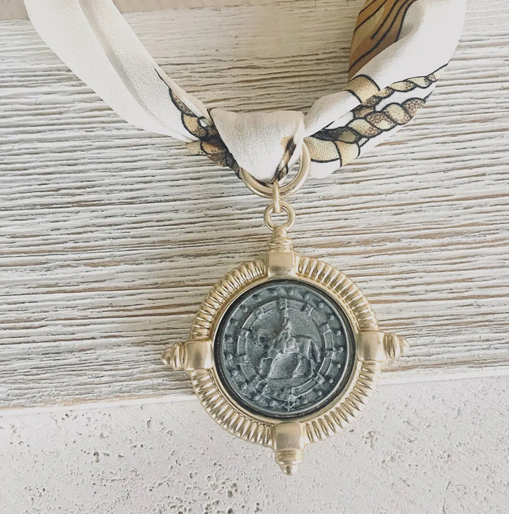 Scarf Necklace-White with Matte Gold/silver horse coin