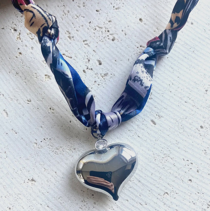 Scarf Necklace-Navy Blue/Puffy silver heart