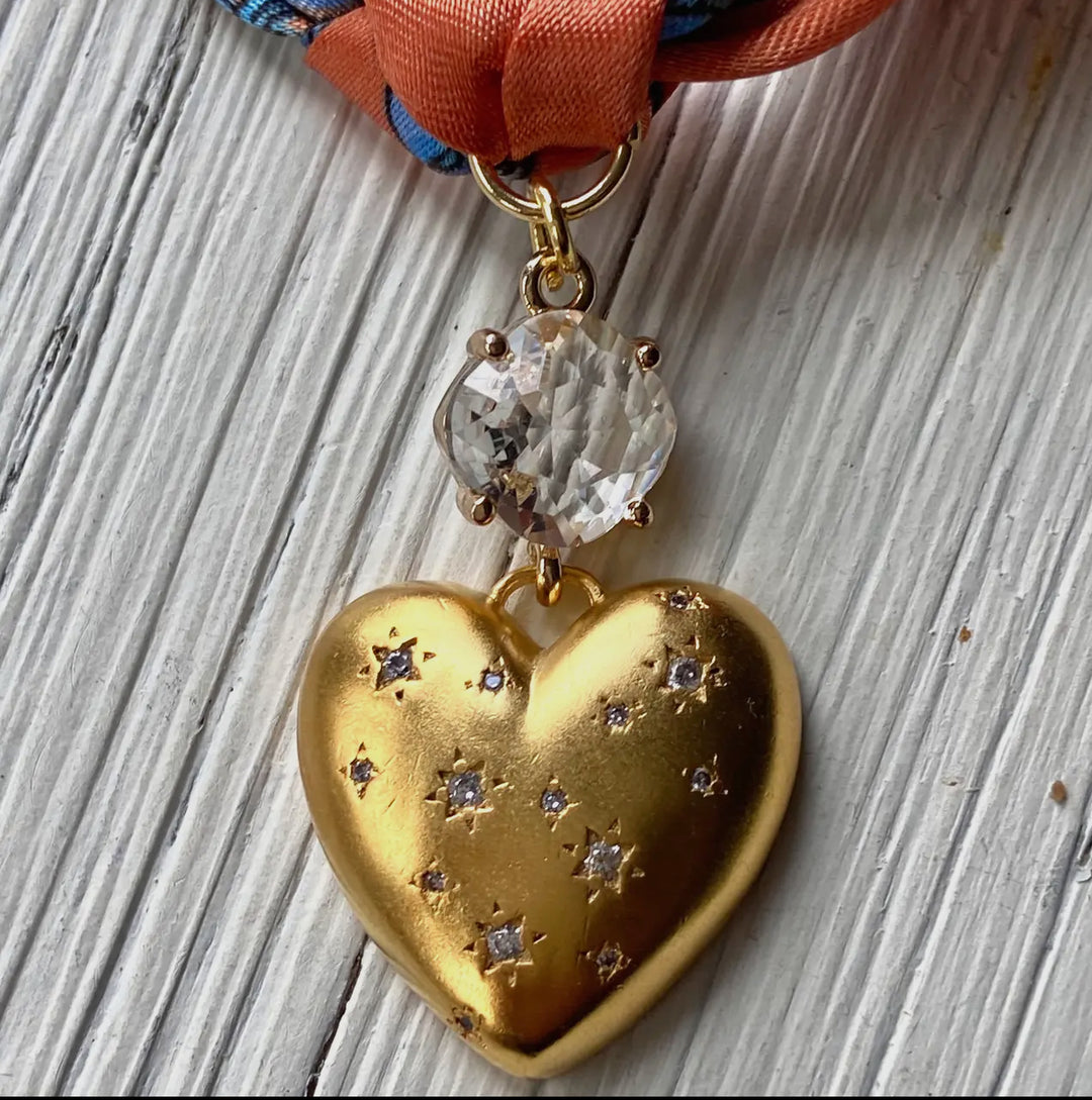 Scarf Necklace-Orange with Gold Heart