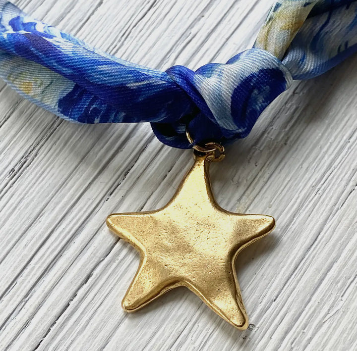 Scarf Necklace-Royal blue-Gold Star