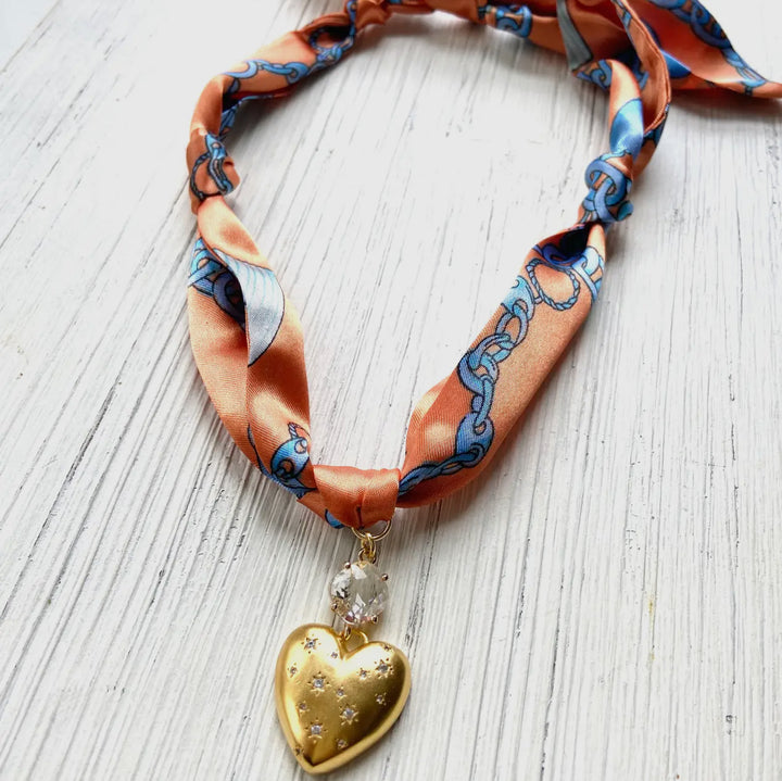 Scarf Necklace-Orange with Gold Heart