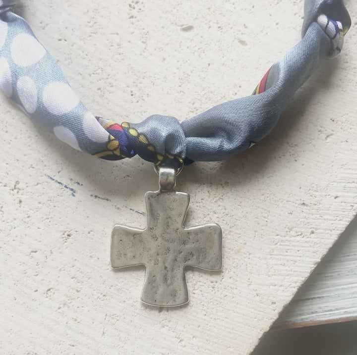 Scarf Necklace-Silver -Hammered silver cross