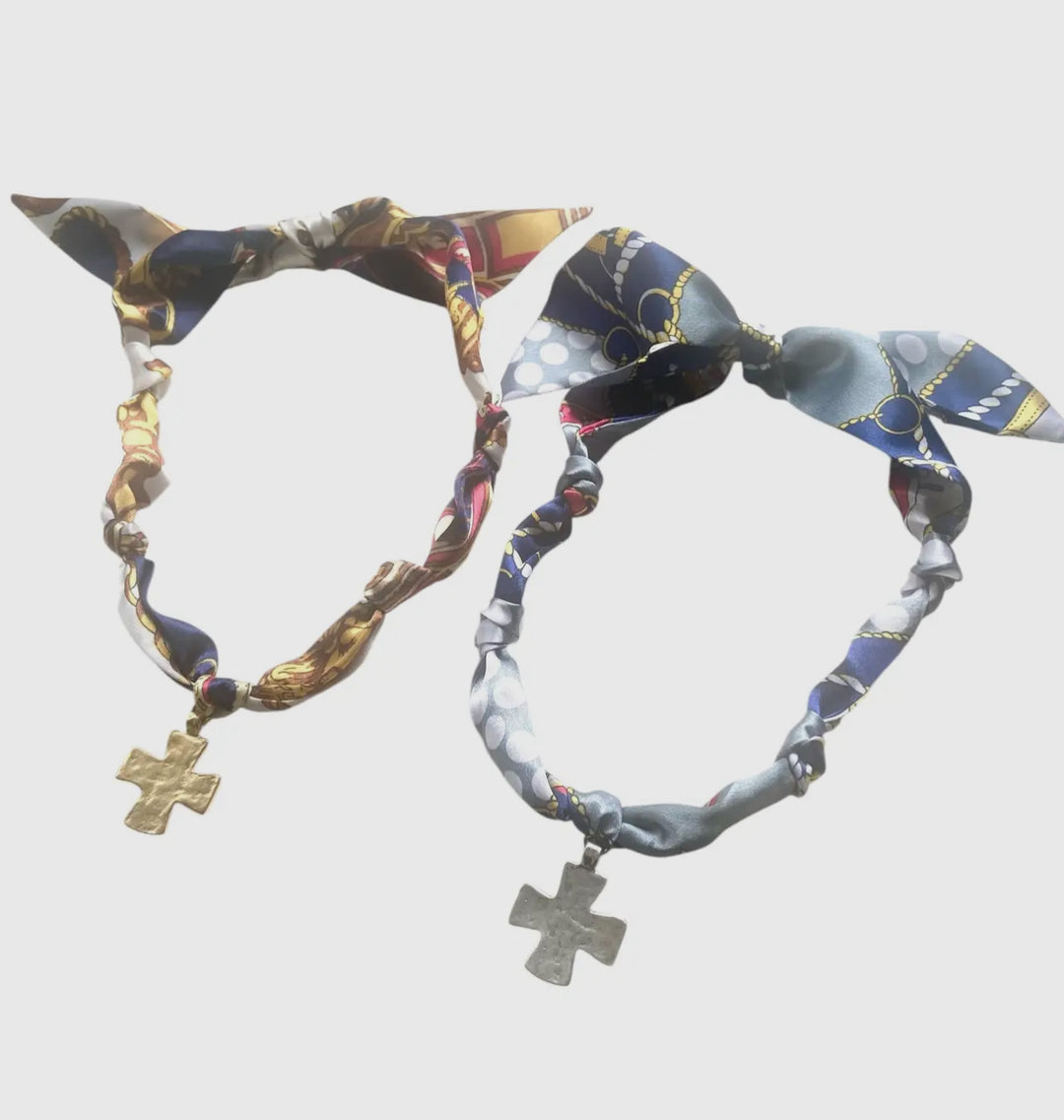 Scarf Necklace-Silver -Hammered silver cross