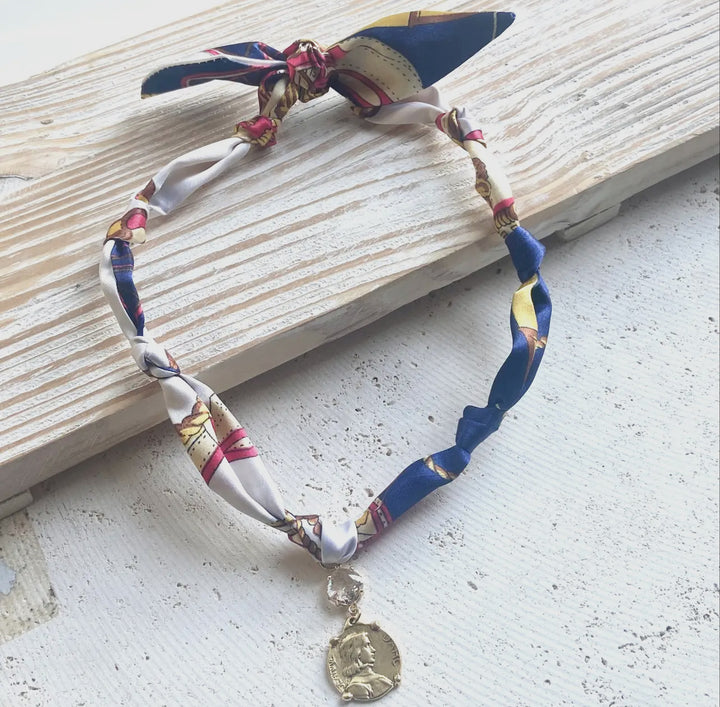 Scarf Necklace-White and Blue with Joan of Arc Gold Coin