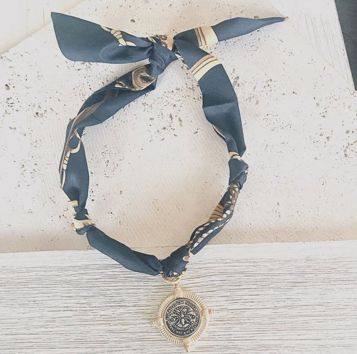 Scarf Necklace-Black with Matte Gold Bee bezel silver coin