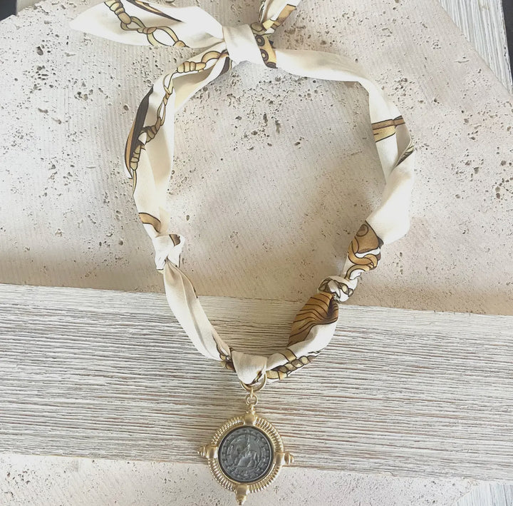 Scarf Necklace-White with Matte Gold/silver horse coin