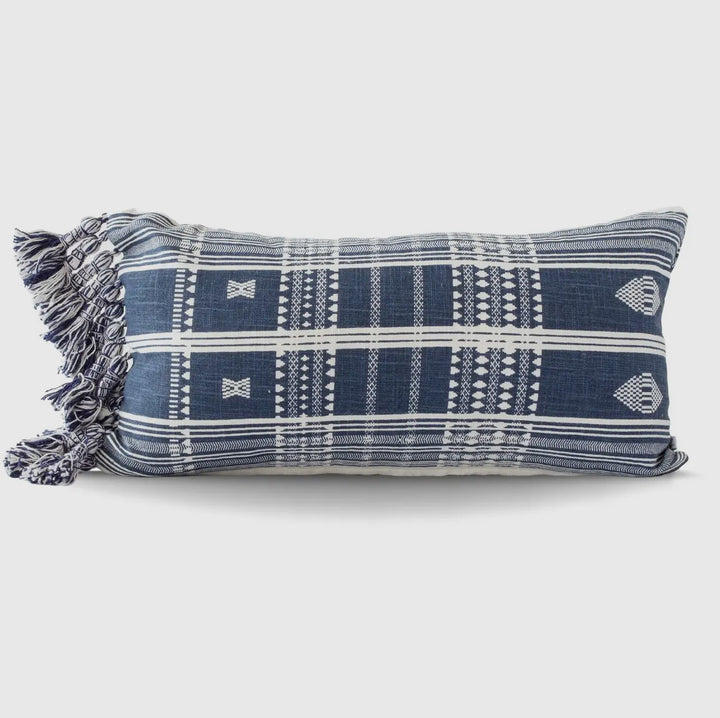 Batik patterned rustic blue and white 100% cotton lumber pillow: 12"x22"