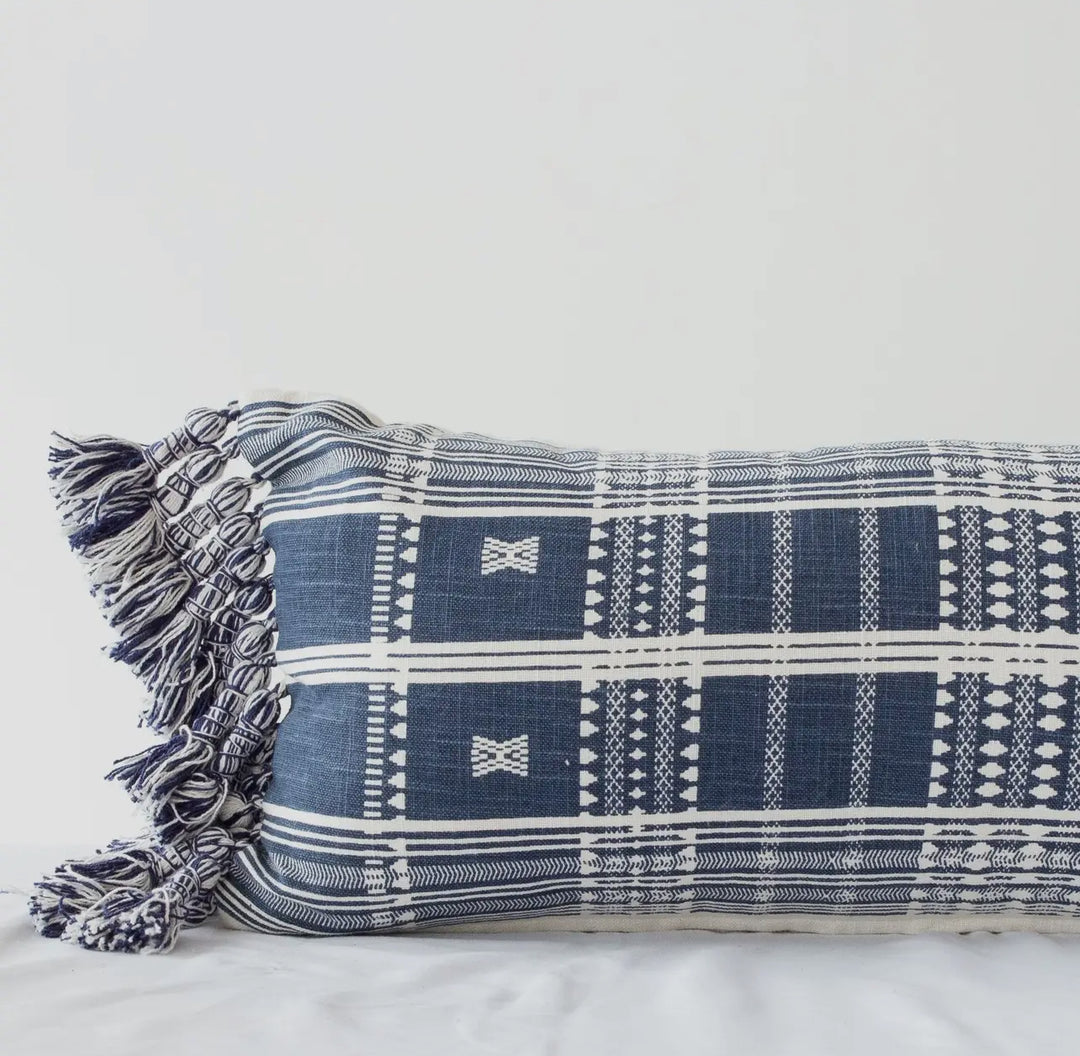 Batik patterned rustic blue and white 100% cotton lumber pillow: 12"x22"