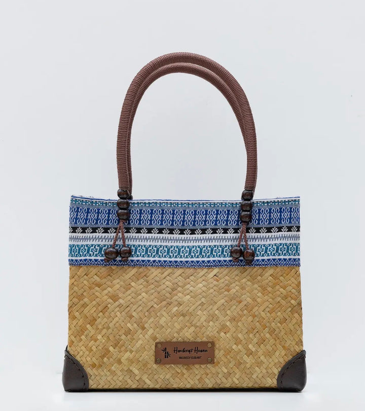 Handwoven Straw Tote Bag/Purse-Natural/ Blue