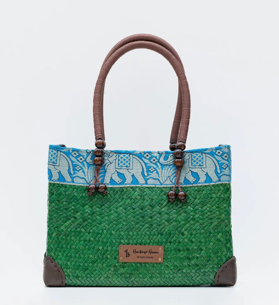 Handwoven Straw Tote Bag/Purse-Emerald/Blue