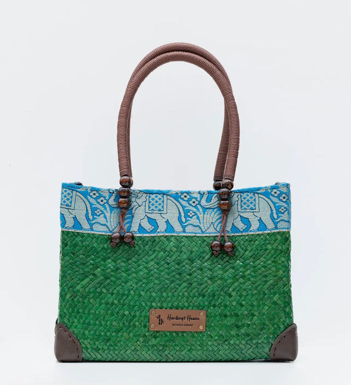 Handwoven Straw Tote Bag/Purse-Emerald/Blue