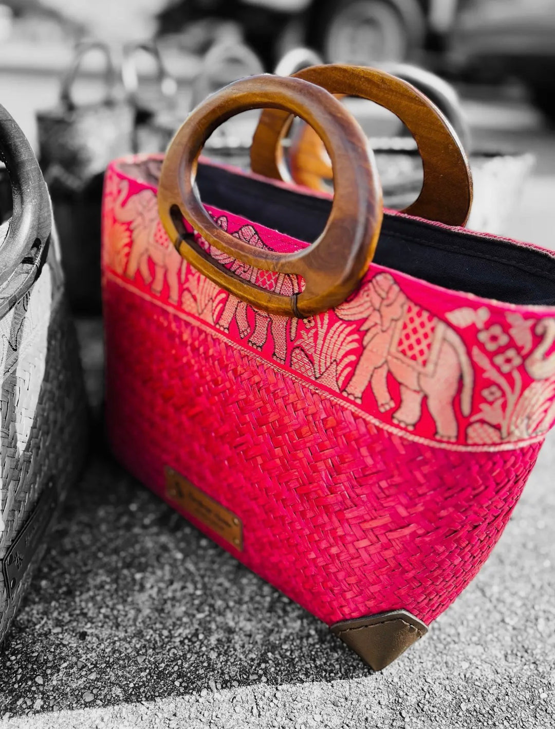 Hand Woven Thai Krajood Bag with Wooden Handle-Pink