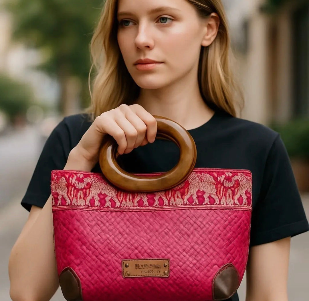 Hand Woven Thai Krajood Bag with Wooden Handle-Pink