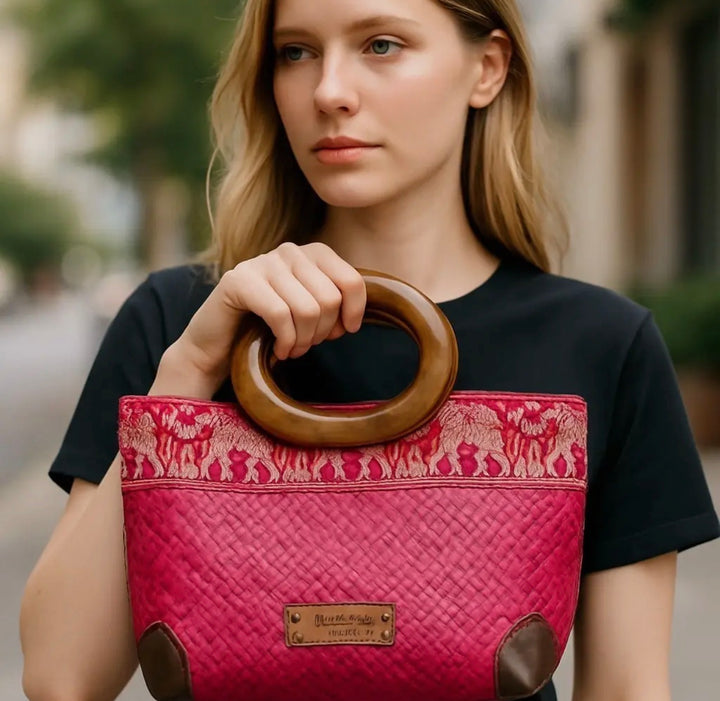 Hand Woven Thai Krajood Bag with Wooden Handle-Goldenrod
