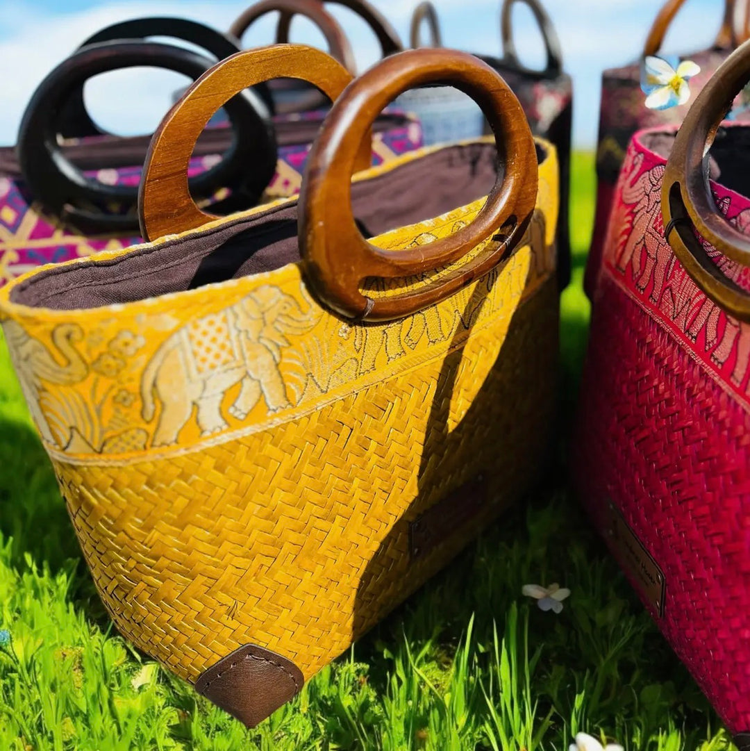 Hand Woven Thai Krajood Bag with Wooden Handle-Goldenrod