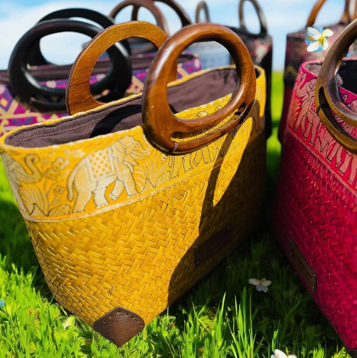 Hand Woven Thai Krajood Bag with Wooden Handle-Goldenrod