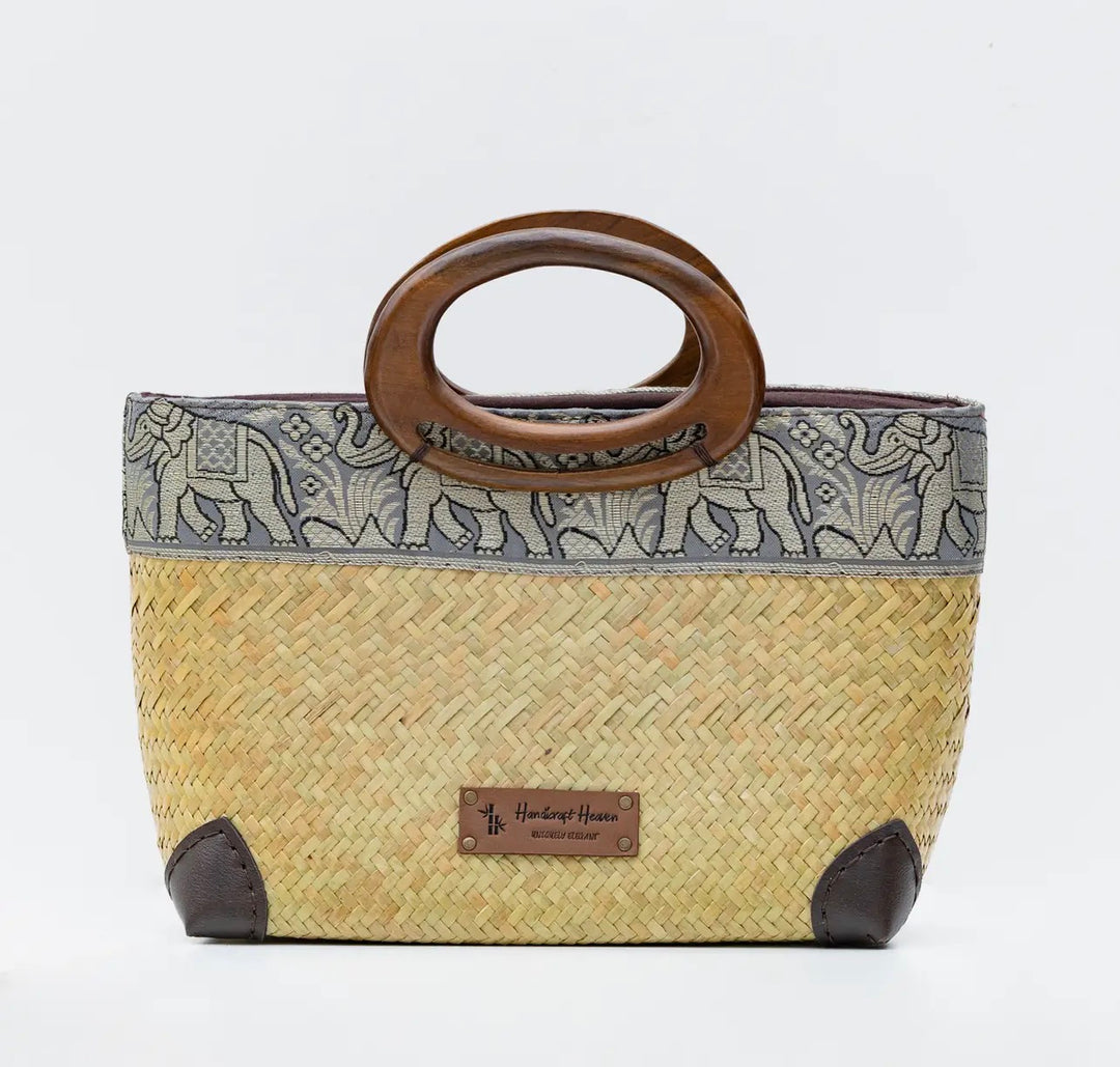 Woven Thai Krajood Bag with Wooden Handle-Natural/gray