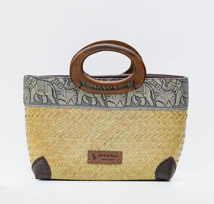 Woven Thai Krajood Bag with Wooden Handle-Natural/gray