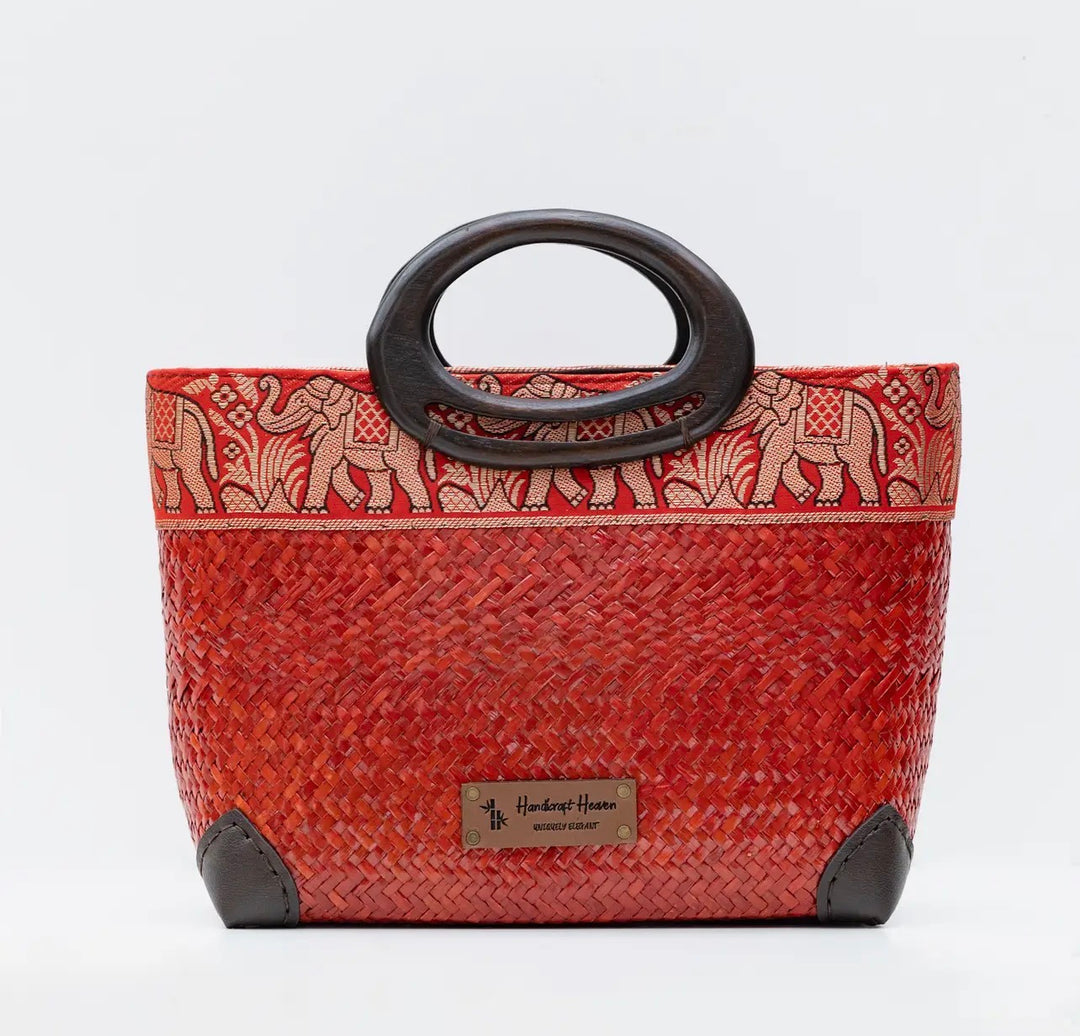 Woven Thai Krajood Bag with Wooden Handle-Red