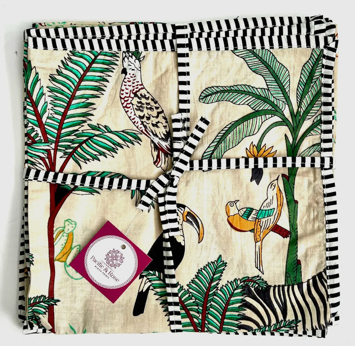 Jungle patterned handcrafted 100% cotton napkins-Ivory