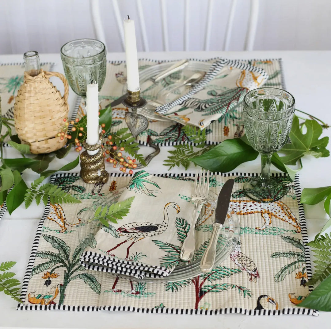 Jungle patterned handcrafted 100% cotton napkins-Ivory